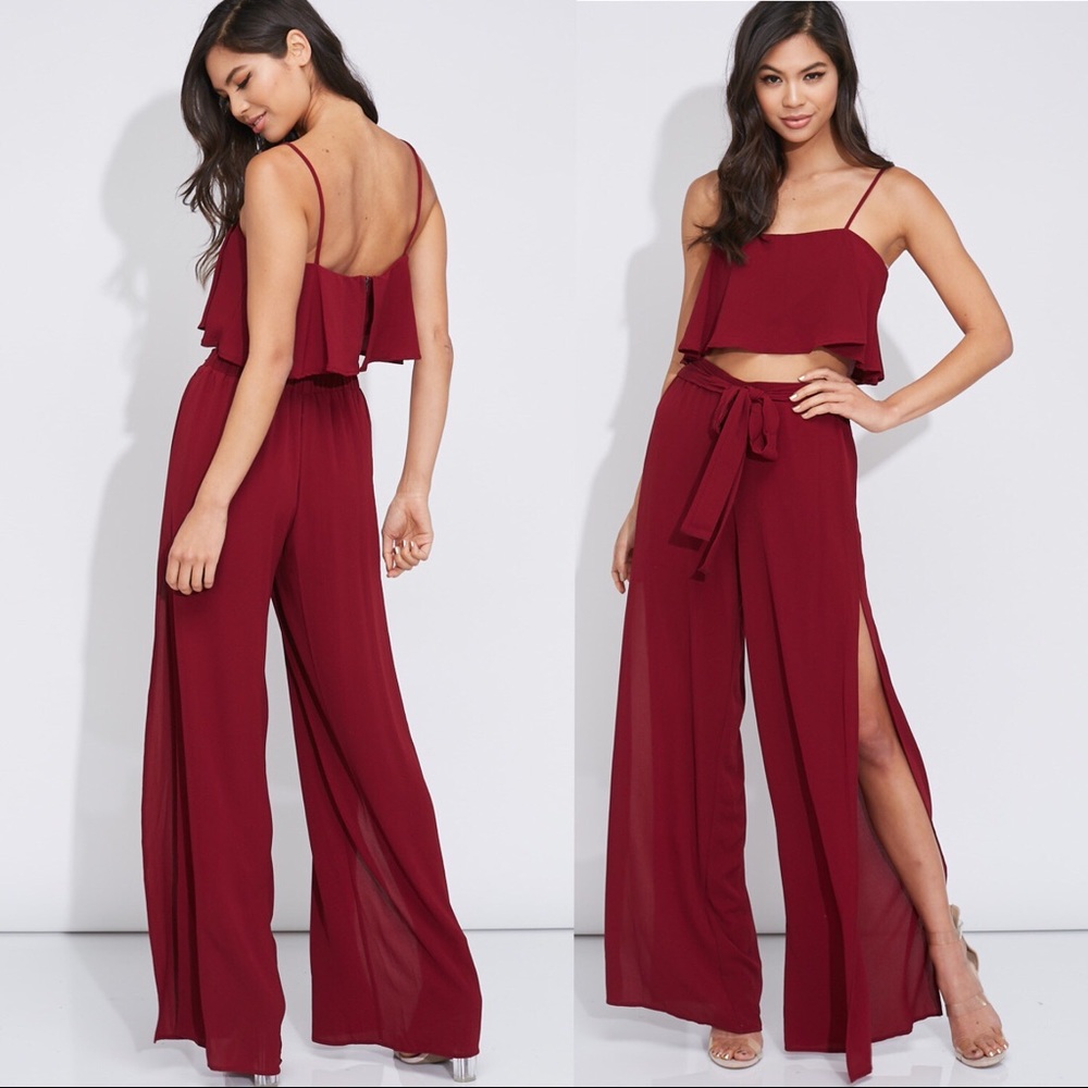 Crop Top + Slit Wide Leg Pant Matching Set - Picture 2 of 7